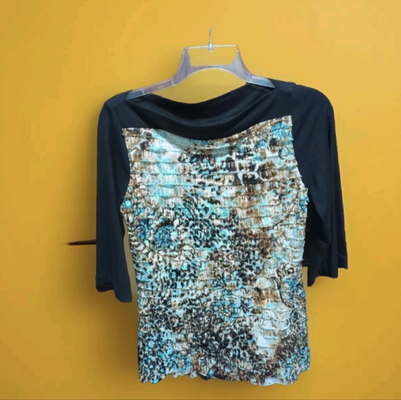 New Directions Animal Print Top Blouse Shirt M Black Leopard Ruffle  1/2 Sleeve - Picture 2 of 10